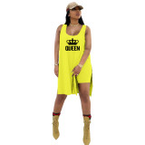 Casual Yellow Knitting Printed Vest Loose Long Top Shorts Set