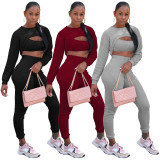 Sportswear 3 Piece Pants Sets Solid Ribbed Pit Track Jogging Sets