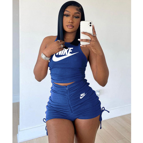 Blue Ladies Pyrography Shirring Tank Top Shorts Casual Two Piece Set