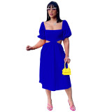 Blue Solid Color Square Collar Lantern Sleeve Irregular Mid Dress with Hollow