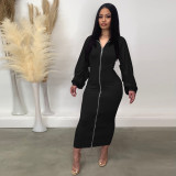 Ruched Lantern Sleeve Zip Front Bodycon Dress