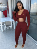 Solid Color Manual Knitted Sweater Cardigan 3 Piece Set