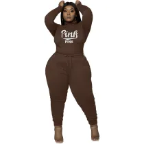 Plus Size Coffee High Neck Printed Letter Sweatshirt Two Piece Women's Set