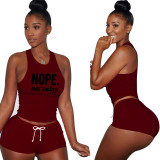 Casual Wine Red Printed Letter Sports Sleeveless Tank Top Shorts Set