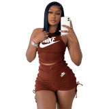 Brown Ladies Pyrography Shirring Tank Top Shorts Casual Two Piece Set