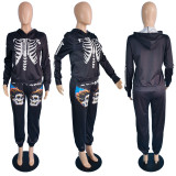 Autumn/Winter Casual Skull Printed Hoodie Sweatshirt Sweatpant Two Piece Set