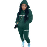 Casual Letter Pyrography Velvet Drawstring Kangaroo Pocket Hoodie & Pants Set