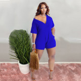 Sexy Blue Nightclub Clothes 2022 Summer Solid V Neck Rompers with Pockets