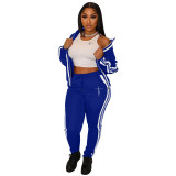 New Sporty Women Long Sleeve Collared Striped Drawstring Casual Stitching Printed 2pcs