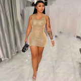 Summer Gold Sequin Casual U Neck Sleeveless Mini Dress
