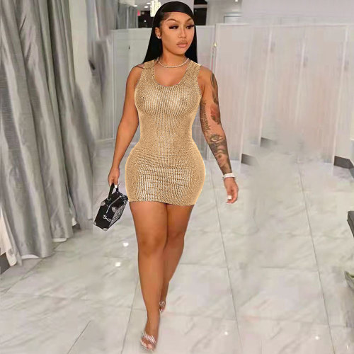 Summer Gold Sequin Casual U Neck Sleeveless Mini Dress