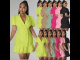 Women's V Neck Dress Cute Puff Sleeve Button Down Casual A-Line Ruffle Swing Short Mini Dresses