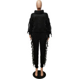 Winter Turtle Neck Cable Knit Sweater And Tasseled Pants Set