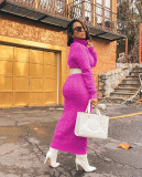Solid Color Sweater Women High Neck Knit Long Dress without Belt