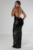 Solid Color Deep V Halter Stacked Maxi Dresses