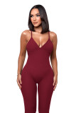 Solid Color Ribbed Straps Padded Casual Yoga Bodycon Jumpsuits