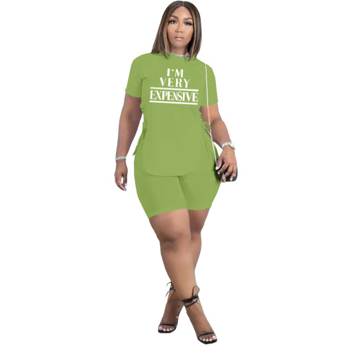 Casual Fruit Green Letter Print Slit Eyelet Lace Up O Neck Short Sleeve Tracksuit Shorts Set