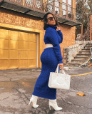 Solid Color Sweater Women High Neck Knit Long Dress without Belt