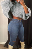 Solid Color Grey High Neck Short Shawl Sweater Top