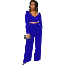 Solid Color Pleated Top Trousers Two Piece Women Clothing with Pockets