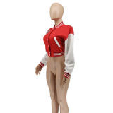 Autumn Long Sleeve Crop Tops Printed Baseball Short Jacket with Pockets