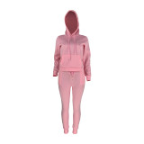 Autumn Winter Thick Drawstring Jogger Two Piece Pink Sweatpants and Hoodie Set