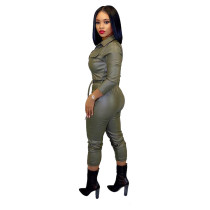 PU Leather Zip Tight Jumpsuit with Belt