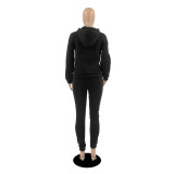 Autumn Winter Black Drawstring Two Piece Women Embroidered Hoodie Sweatshirt Pant Set
