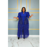 Plus Size Beaded Mesh Sexy See Through Puff Sleeve Long Dresses