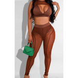 Coffee Sexy See Through Mesh Stitching Sleeveless Crop Top and Trousers