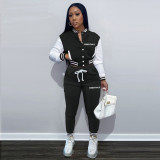 Color Block Jacket Single-Breasted Letter Print Baseball Jersey Tracksuit Two Pieces