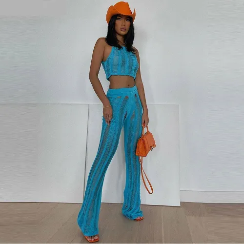 Knitted Crochet Tank Crop Top and High Waisted Tassel Flare Trousers Co Ord Set