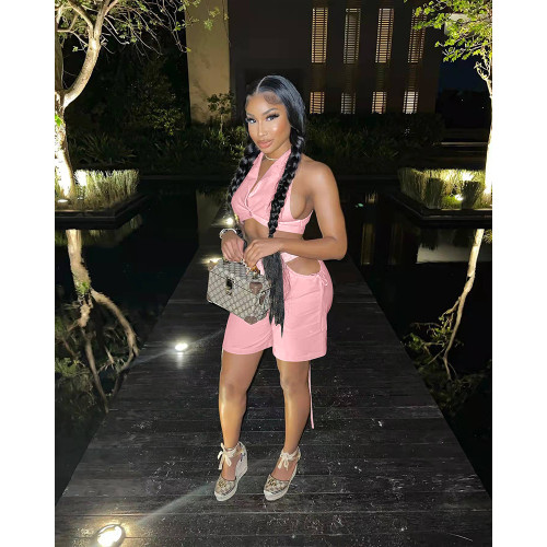 Pink Backless Tie Collar Top High Waist Cutout Shorts Set