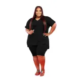 Solid Color Plus Size V Neck Short Set