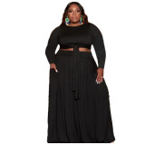 Two Piece Set Plus Size Bandage Blouse and Long Skirt with Pocket