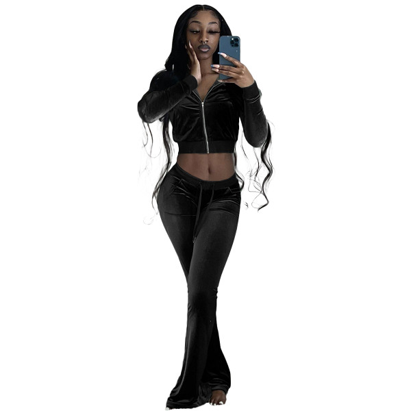 Autumn Winter Black Velvet Sports Sweatshirt Crop Top and Trousers