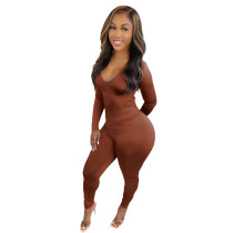 Casual Solid Brown Drawstring Wrinkles Backless V Neck Skinny Jumpsuits Casual Solid Brown Drawstring Wrinkles Backless V Neck Skinny Jumpsuits