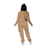 Autumn Winter Women's Irregular Solid Color Pocketed Zipper Hoodie Sweatshirt Pants Set
