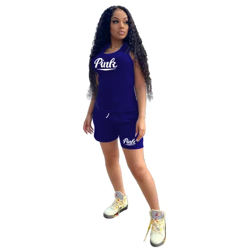 Royal Blue Fashion Offset Print Split Joint U Neck Sleeveless Two Pieces Sportswear