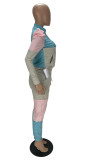Puff Sleeve Color Block Zipper Pants Set with Pockets