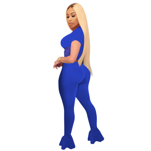 Solid Color Mesh Splicing Flared Pants Set