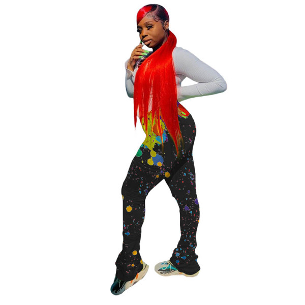 Casual Pleated Splash Ink Micro Horn Pants with Pocket
