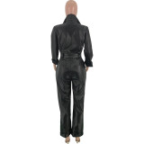 Solid Color Fleece Zip Leather Jumpsuit