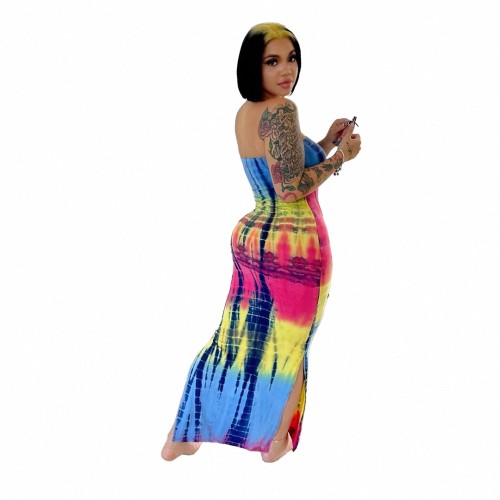 Summer Slit Tie Dye Print Sexy Strapless Long Dress