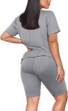 Fashion Solid Color V Neck Short Sleeve Shorts Set