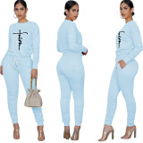 Casual Printed Long Sleeve Jogger Workout Pants Set with Pockets