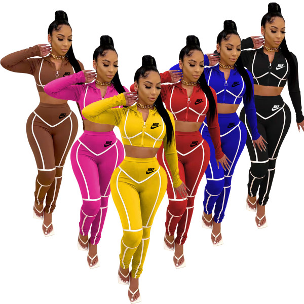 Spring Autumn Printed Sportswear Hoodie Two Piece Pant Set