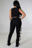 Summer Solid Color Black Hollow Pit Women's Clothing Sleeveless Crop Top Two Piece Outfits Set