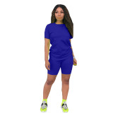 Solid Color Short Sleeve Two Piece Shorts Set