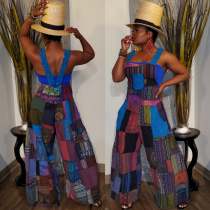Sexy Print Bohemian Striped Backless Suspender Jumpsuit